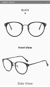 Detailed front and side views of black TR90 round frame blue light blocking glasses