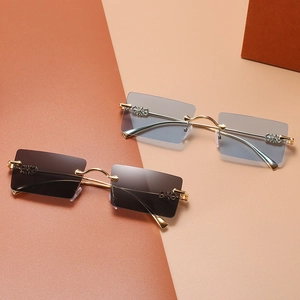 Retro square rimless sunglasses with gold metal frames and gradient ocean lenses