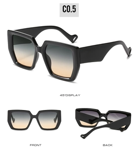 Front and back views of large square black frame sunglasses with orange gradient lenses