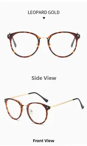 Detailed front and side views of vintage round leopard gold TR90 blue light glasses
