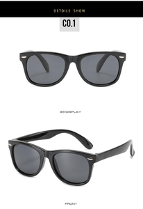 Close-up of polarized children's sunglasses with silver temple details in multiple views