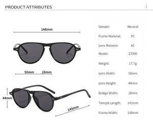 Front and side view of black pilot sunglasses with precise size dimensions and specifications
