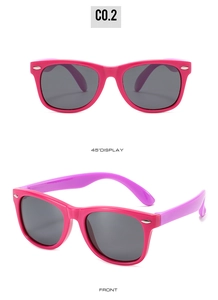 Front and 45-degree angle display of rose pink and purple polarized kids sunglasses