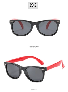 Detailed front and 45-degree side view of black and red flexible kids sunglasses