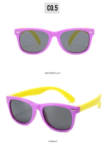 Detailed front and 45-degree view of purple and yellow silicone kids sunglasses