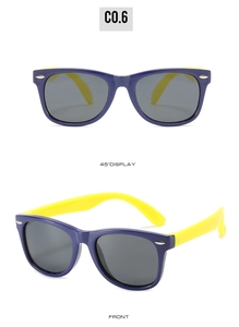 Front and 45-degree angle view of kids polarized sunglasses in purple and yellow