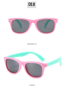 Detail view of pink and mint green polarized silicone sunglasses for kids in two angles