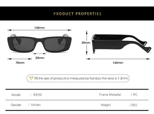 Detailed size chart for unisex narrow square cat eye sunglasses with precise frame dimensions