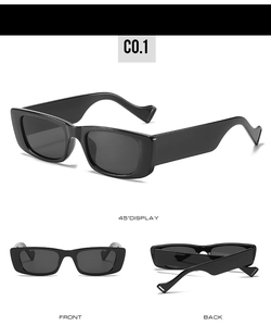 Multi-angle view of black cat-eye sunglasses with wide temples and geometric details