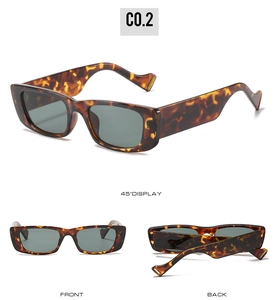 Three perspectives of retro tortoiseshell rectangle sunglasses with dark gray lenses