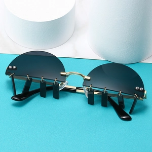 Retro semi-rimless sunglasses with gold metal frame and black rectangle pendants