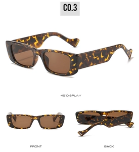 Three views of tortoiseshell cat-eye sunglasses with rectangular thick frames and dark lenses