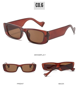 Three-view layout of rectangular cat-eye sunglasses with translucent brown frames