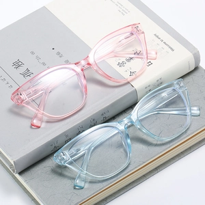 Cat eye blue light blocking glasses in transparent pink and blue frames with spring hinges