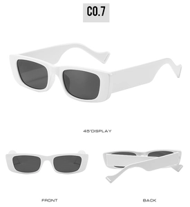 Detailed multi-angle views of white rectangular cat-eye sunglasses with dark grey lenses