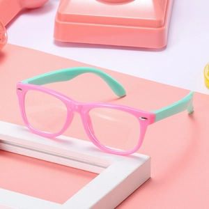 Pink and mint green silicone blue light blocking glasses for kids with round frames