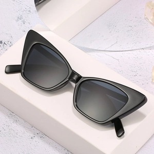 Classic black cat-eye sunglasses with thick frame and dark grey lenses on white background
