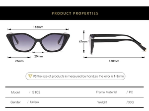 Detailed size specifications and dimensions for 9103 cat-eye sunglasses with PC frame