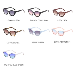 Detailed grid display of cat-eye sunglasses in seven trendy color combinations
