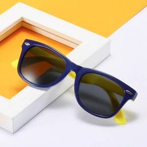 Classic wayfarer polarized kids sunglasses in matte navy blue and bright yellow contrast
