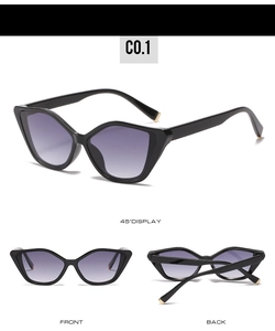 Three-view display of black cat eye sunglasses with purple gradient lenses and gold metal tips