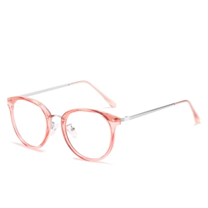Pink translucent TR90 round frame blue light glasses with slim silver metal temples