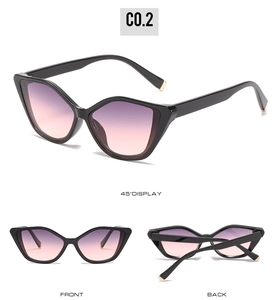 Detailed views of cat eye sunglasses featuring purple gradient lenses and black frames