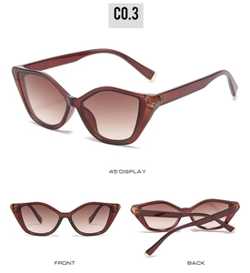 Three angles of cat eye sunglasses featuring amber frames and gradient brown lenses