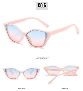 Pink cat-eye sunglasses with blue-pink gradient lenses and gold metal temple details