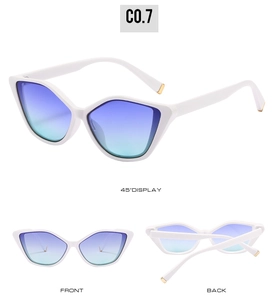 Three-angle views of white cat-eye sunglasses with gradient lenses and gold metal accents