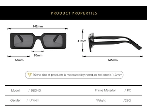 Detailed technical specifications and dimensions for 98040 rectangle sunglasses
