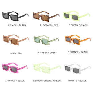 Detailed grid display of retro rectangular thick frame sunglasses in nine vibrant colors