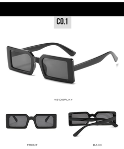 Multi-angle view of black rectangular sunglasses showing front, side and back perspectives
