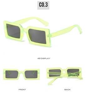 Three perspectives of neon green rectangular sunglasses with dark lenses and durable frames