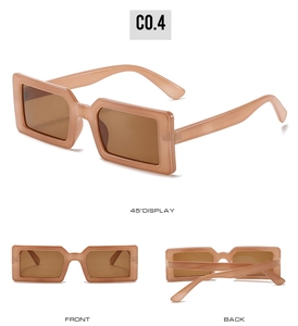 Three-way view of peach rectangular sunglasses with brown lenses showing front and back