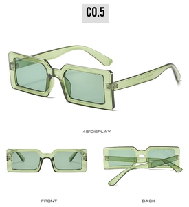 Detailed views of vintage lime green rectangle sunglasses with wide frames and matching lenses