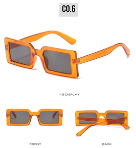 Three views of retro rectangle sunglasses featuring translucent orange frames and dark lenses