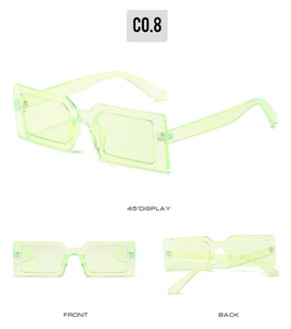 Detailed multi-angle view of fluorescent green rectangular sunglasses frames and temples