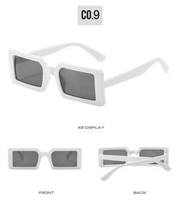 Detailed views of white rectangular thick frame sunglasses with dark grey lenses