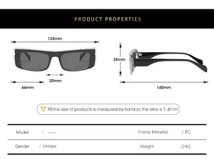 Size chart showing dimensions for square frame retro sunglasses with detailed measurements