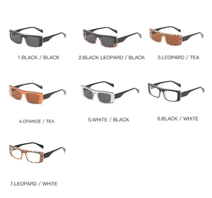 Grid display of square slim sunglasses in black, leopard, orange and white frame options
