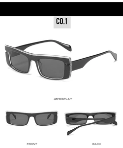 Three perspectives of modern square black sunglasses with transparent outer frame and grey lenses