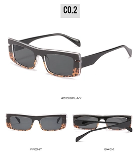 Detail view of square frame sunglasses with black and leopard print bicolor design