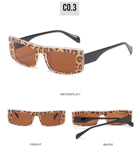 Three-angle view of vintage leopard print rectangular sunglasses with brown lenses