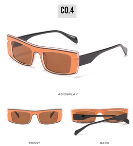 Detail view of rectangular sunglasses showing orange frames and black temples from three angles