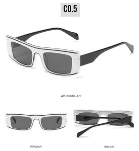 Detailed views of square sunglasses with transparent frames and dark grey lenses