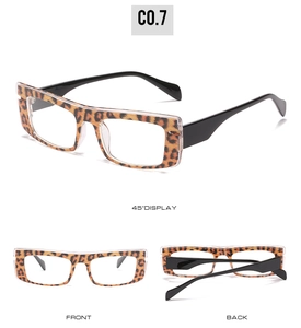 Detailed views of leopard print rectangular glasses showing front and 45-degree angles