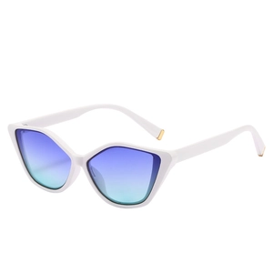 Trendy white cat-eye sunglasses with gradient blue-green lenses and gold metal accents