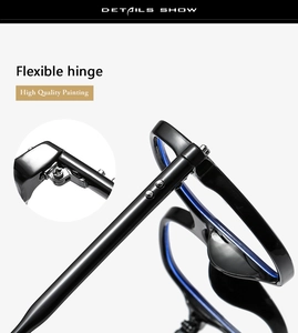 Detail view of anti-blue light glasses showing flexible hinge and high quality black painting