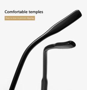 Detail of ergonomic glossy black temples on blue light blocking glasses for anti-slip comfort